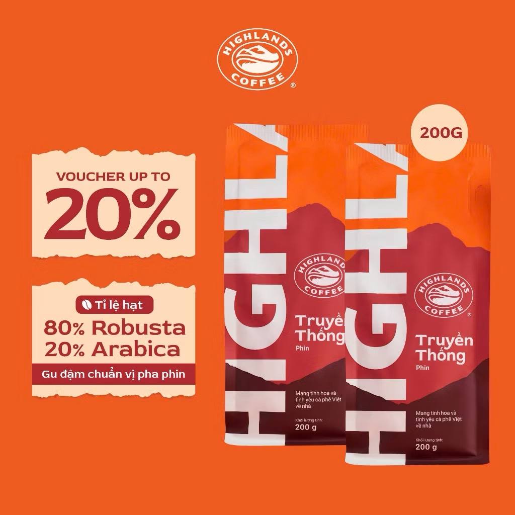 COMBO 2 GÓI CÀ PHÊ RANG XAY TRUYỀN THỐNG HIGHLANDS COFFEE 200G